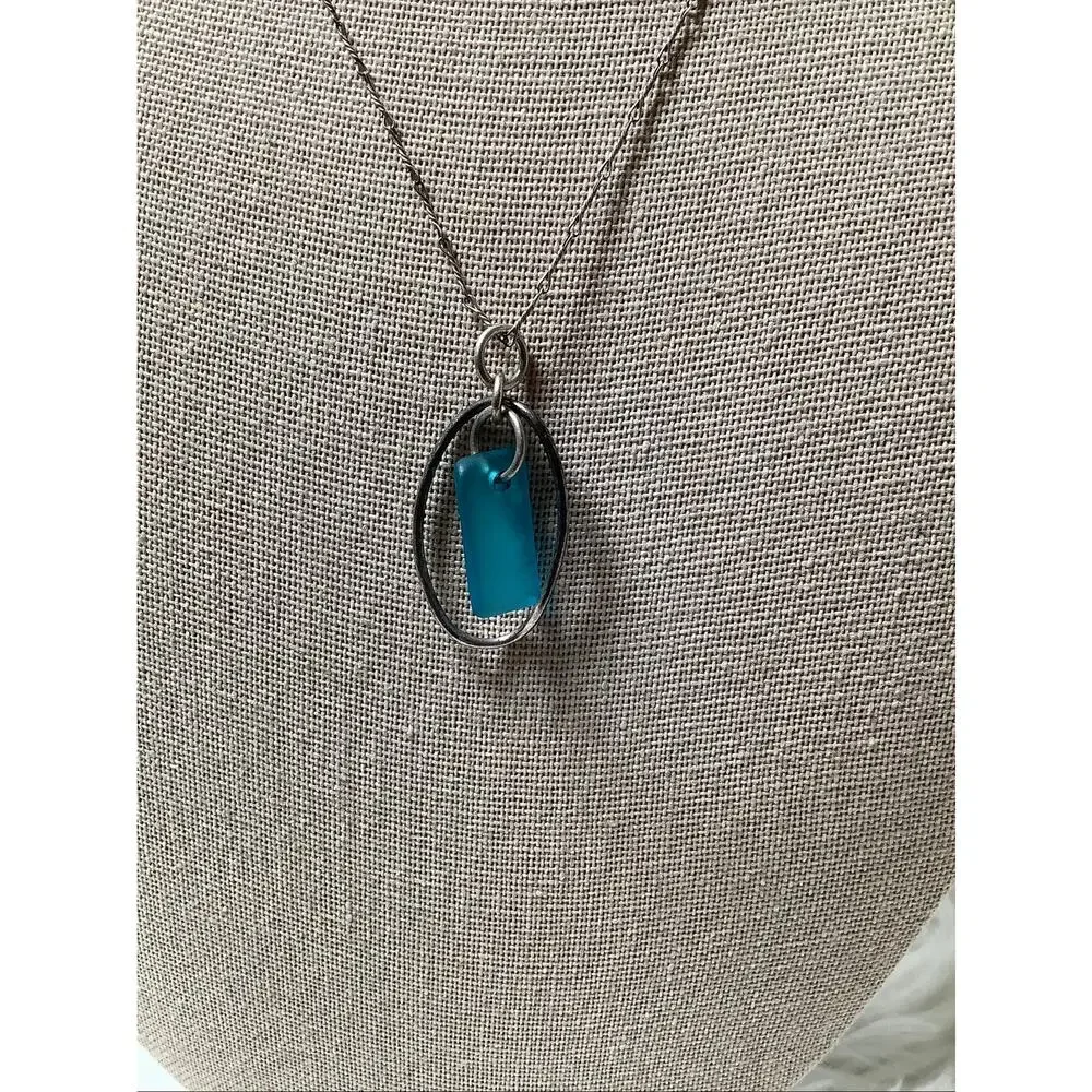 925 Sterling Silver Italian Turquoise Sea Glass Pendant Necklace Coastal E20-18